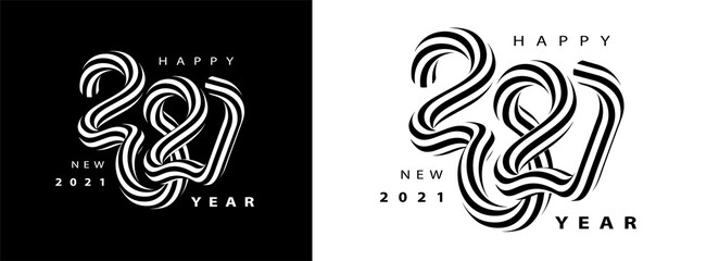 2021 Happy New Year logo swirly lines style text. 2021 number design template white and black background