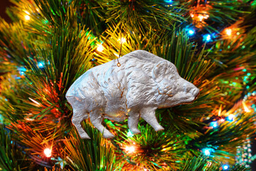 Silver boar. Vintage Christmas ornament. Antiques DRESDEN Cardboard.