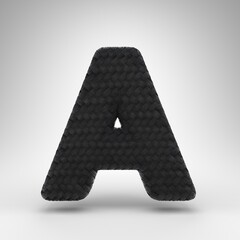 Letter A uppercase on white background. Black carbon fiber 3D letter with carbon thread texture.
