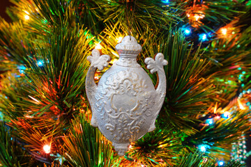 Silver amphora. Vintage Christmas ornament. Antiques DRESDEN Cardboard.