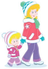 Young mom and her little daughter friendly talking and walking together hand in hand on a winter stroll, vector cartoon illustration isolated on a white background