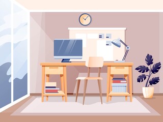 Modern home office interior design background. Room at home for work with chair, table with lamp and computer monitor, clock on wall and plant. Empty cosy area for working vector illustration