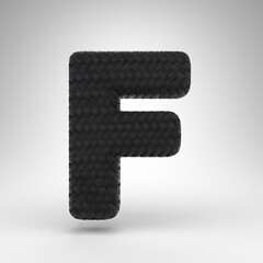 Letter F uppercase on white background. Black carbon fiber 3D letter with carbon thread texture.