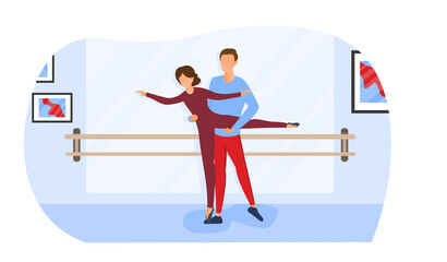 Young male and female ballet dancers. Ballerina in bodysuit with partner. Concept of beautiful and artistic sport of ballet. Flat cartoon vector illustration