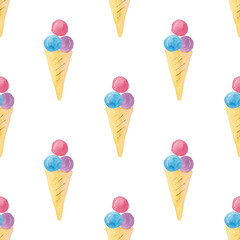 Seamless pattern of watercolor sweet ice cream on a white background. Repeat ice cream. Use for winvitations, birthdays