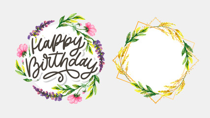 Obraz premium Happy Birthday lettering calligraphy slogan flowers vector illustration text