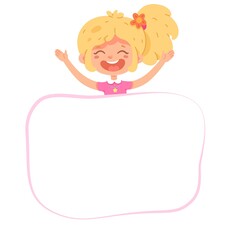Kid diploma design template. Happy girl with arms up behind border for school or kindergarten certificate vector illustration. Elementary education success. Smiling student on white background
