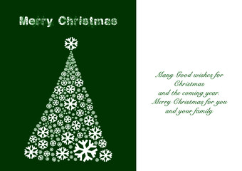 CMYK Merry Christmas greeting card. Christmas card decoration. Christmas and happy new year card. Holiday card design ideas. Snow flakes. Christmas tree with snow. New year 2021. Green and white.
