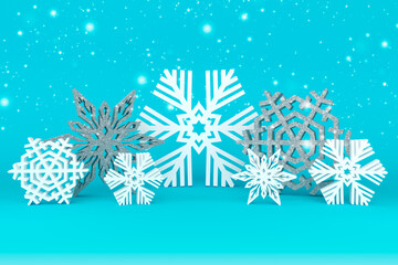 Naklejka na ściany i meble Winter Holiday Background. White-silvery snowflakes under the falling snow. Christmas and New Year. 3d illustration.
