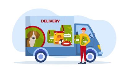 Smiling male courier delivering dog food. Delivery boy truck with dog snack design on side. Concept of dog food delivery service. Flat cartoon vector illustration