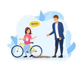 Fototapeta na wymiar Girl apologizing to man after she splashed him with mud. Businessman standing in dirty suit because of girl on bicycle. Concept of kids with good manners. Flat cartoon vector illustration