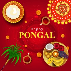 South Indian harvesting festival, Happy Pongal celebrations greetings with Pongal elements, sugarcane and plate of religious props. vector illustration design