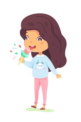 Happy smiling little girl character enjoy eating ice-cream. Cute child licking sweet cold dessert. Sundae in waffle cone. Excitement summer refreshment. Delicious nutrition snack for children. Vector.