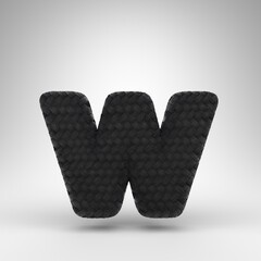 Letter W lowercase on white background. Black carbon fiber 3D letter with carbon thread texture.