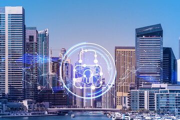Skyscrapers of Dubai business downtown. International hub of trading and financial services. Lock...