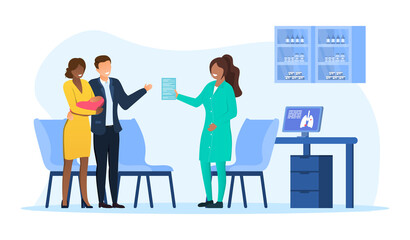 Female pediatrician examines a newborn baby and gives prescription. Scheduled visit to the doctor. Concept of medical consultation and recommendations. Flat cartoon vector illustration