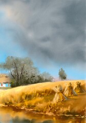 Fototapeta premium Watercolor paintings rural landscape, old village. Fine art, artwork, windmill in the country, old house in the field
