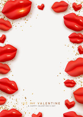 Happy Valentine's Day frame. Romantic background with female lips. Border template with red 3d lips and hearts. Beautiful stylish Modern minimal design. Vector illustration