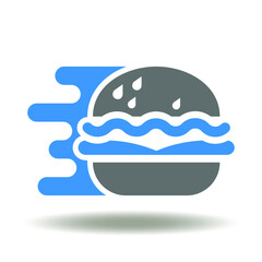 Moving hamburger vector icon. Fast food delivery symbol. Burger sign. Cheeseburger illustration. Online Food Service Logo.