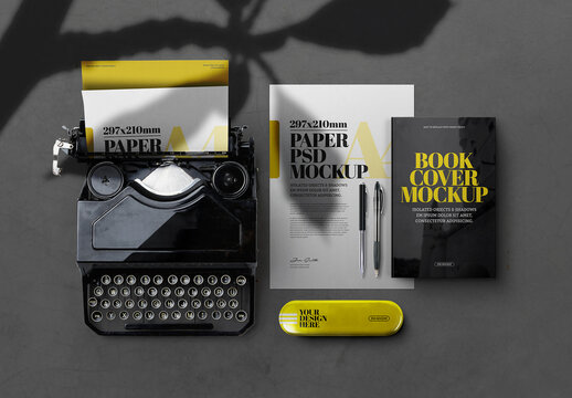 Stationery and Book Cover Mockup with Typewriter