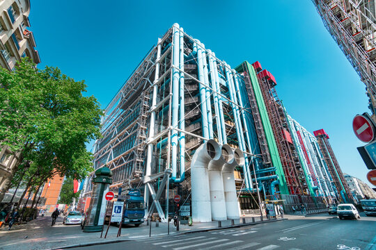 Paris, France- circa May, 2017: Ventilation shafts of Centre Georges Pompidou and street in center of Paris, France