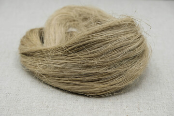 Fibers of natural uncolored flax or hemp, tow, close-up. Gray canvas. Flax or hemp processing concept. Growing demand for natural fibers.