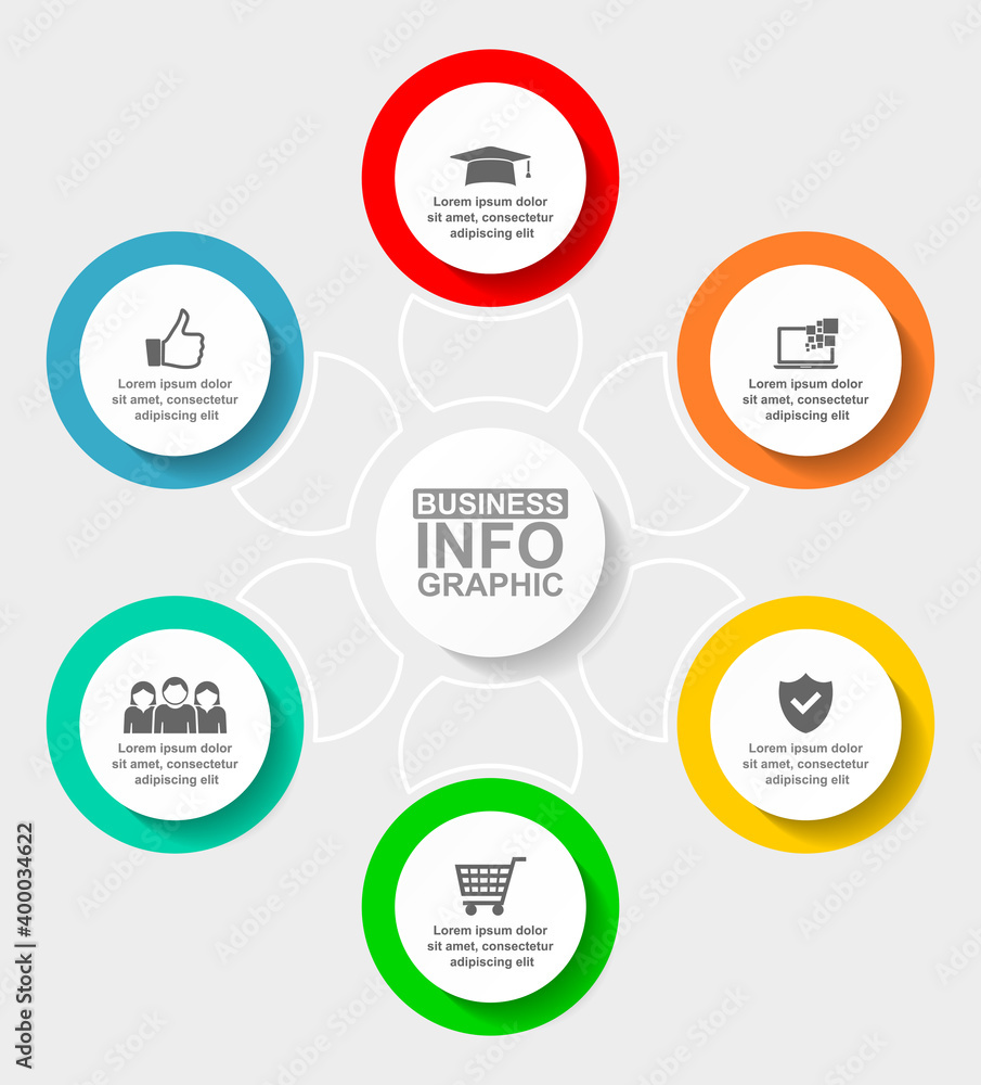 Aufkleber business infographic vector template with 6 options, flat design educational diagram for presentatio