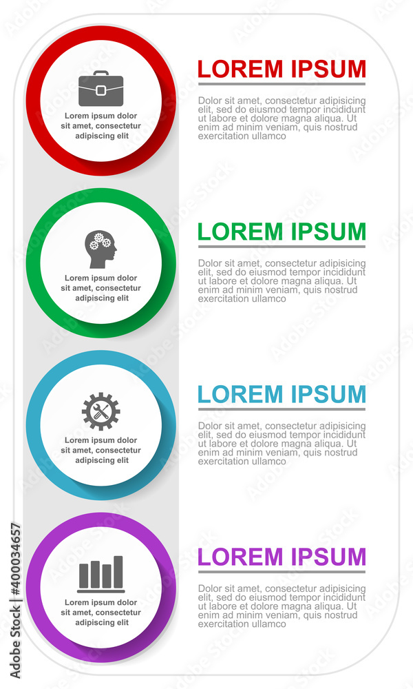 Aufkleber business infographic vector template with 4 options, flat design educational diagram for presentatio