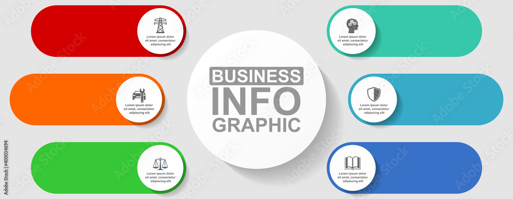 Aufkleber business infographic vector template with 6 options, flat design educational diagram for presentatio