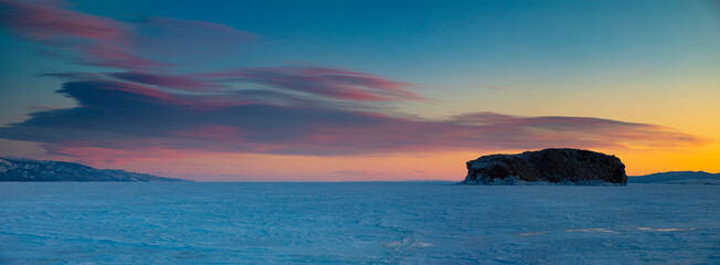 Beautiful sunrise over Lake Baikal in winter