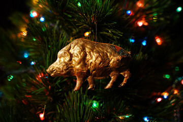 Golden boar. Vintage Christmas ornament. Antiques DRESDEN Cardboard.