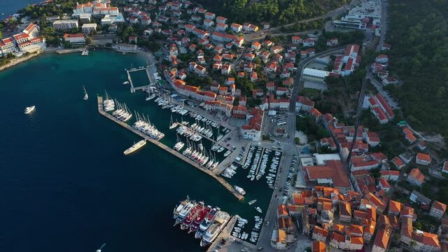 Croatian summer holiday destination, Korčula marina harbour, aerial view
