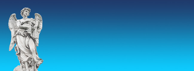 Banner with statue of beautiful holy angel with wings at the Saint Angel bridge, isolated at blue...