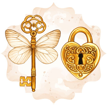 Golden fantasy victorian key with butterfly wings and heart shaped lock