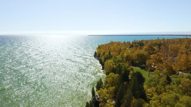 Drone Flies Above Cave Point County Park in Door County, Wisconsin. Fall. Autumn