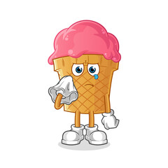 ice cream cry with a tissue  character. cartoon mascot vector