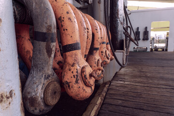 Shackles stored on board the Anchor handler. 150 T bow shackles. 