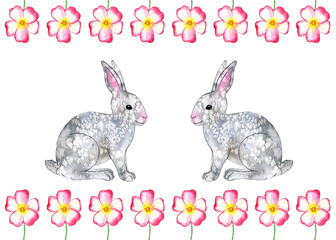 Easter greeting card. Cute watercolor bunnies and pink flower border
