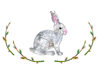 Easter greeting card. Cute watercolor bunny and willow branches. Place for your text.
