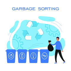 vector concept illustration of garbage sorting. flat illustration with a man throwing out garbage. conscious consumption and care for the environment.
