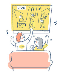 部屋でライブ配信を楽しむ男女