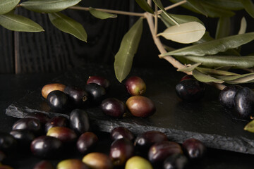 A group of green and black olives photographed on a black stone table and a background of black wooden planks. The olives have just been picked from the olive tree.