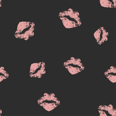 Seamless pattern pink lips kisses prints on dark background. Valentines day texture