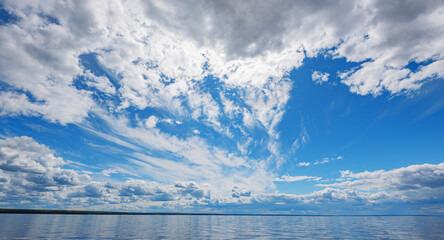 Panorama of calm lake, Kama river blue sky with clouds reflected in the water.