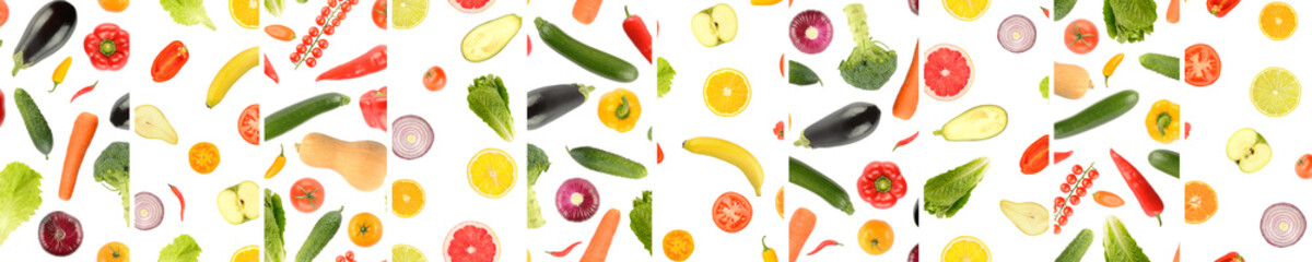 Panoramic skinned from whole and cut vegetables and fruits separated by vertical lines isolated on white