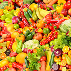 Naklejka na ściany i meble Large fruit colorful square background of fresh vegetables and fruits.