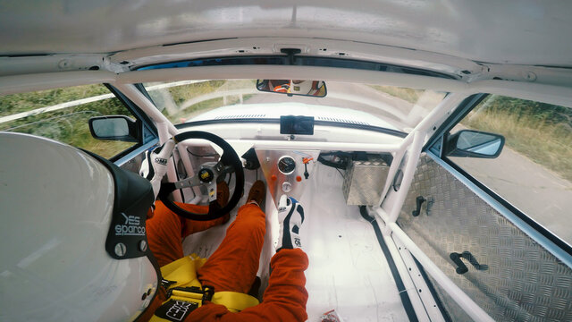 Kocani, Macedonia - 24 Jun, 2018: POV Shot From Inside Of A Sports Car As A Pilot Or Test Driver Drives Fast On Hillclimb Race At Racing Track In Kocani