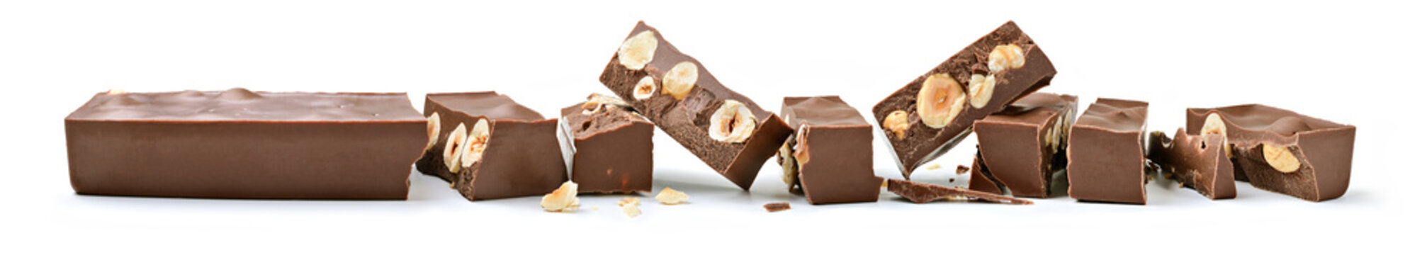 Gianduia nougat with chocolate and hazelnuts isolated on white background.