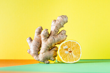 ginger root raw fresh spice ready to eat on the table healthy ingredient top view copy space for...