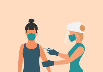 vaccination concept.  A doctor wearing a face protective medical mask for protection from virus COVID-19 disease with a syringe doing an injection of vaccine to the female patient.